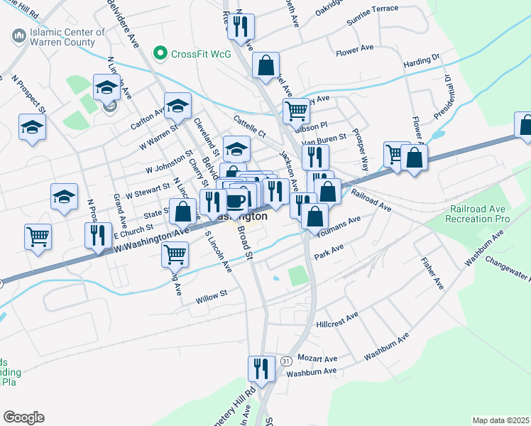 map of restaurants, bars, coffee shops, grocery stores, and more near 77 East Washington Avenue in Washington