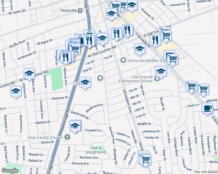 map of restaurants, bars, coffee shops, grocery stores, and more near in Hicksville