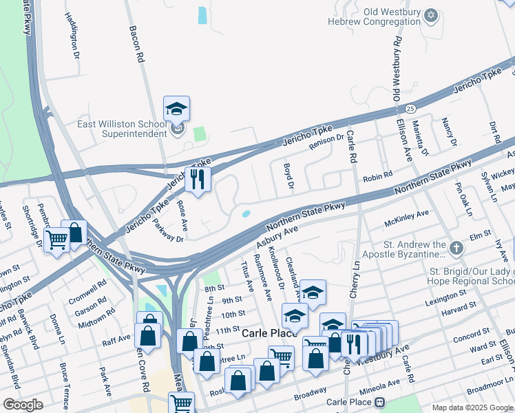 map of restaurants, bars, coffee shops, grocery stores, and more near 172 Parkway Drive in Westbury