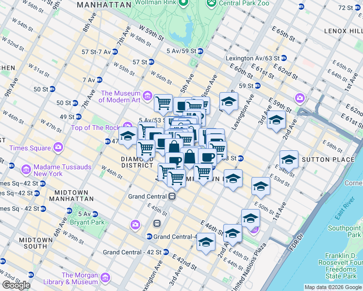 map of restaurants, bars, coffee shops, grocery stores, and more near 477 Madison Avenue in New York