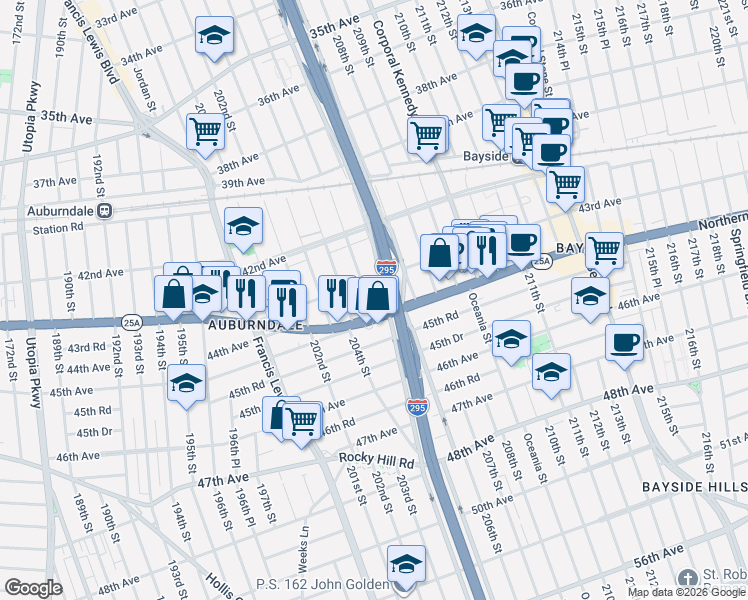map of restaurants, bars, coffee shops, grocery stores, and more near 43-25 204th Street in Queens