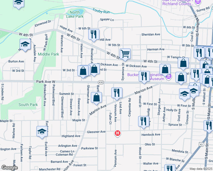 map of restaurants, bars, coffee shops, grocery stores, and more near 428 Park Avenue West in Mansfield