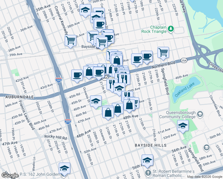 map of restaurants, bars, coffee shops, grocery stores, and more near 211-23 46th Avenue in Queens