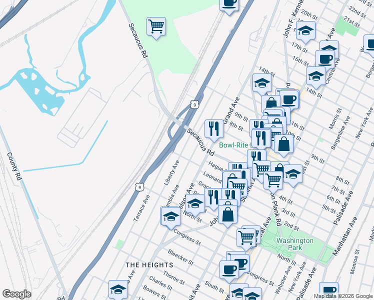 map of restaurants, bars, coffee shops, grocery stores, and more near 299 Columbia Avenue in Jersey City