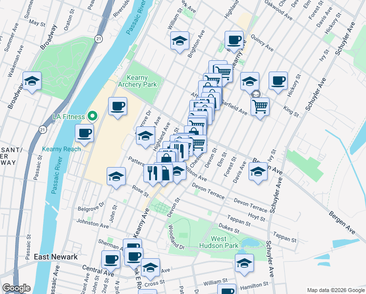 map of restaurants, bars, coffee shops, grocery stores, and more near 200 Kearny Avenue in Kearny