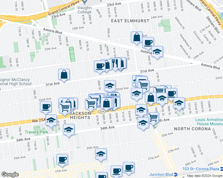 map of restaurants, bars, coffee shops, grocery stores, and more near 89-19 32nd Avenue in Queens