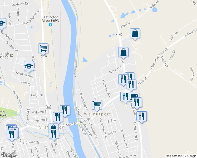 map of restaurants, bars, coffee shops, grocery stores, and more near 230 Spruce Street in Walnutport