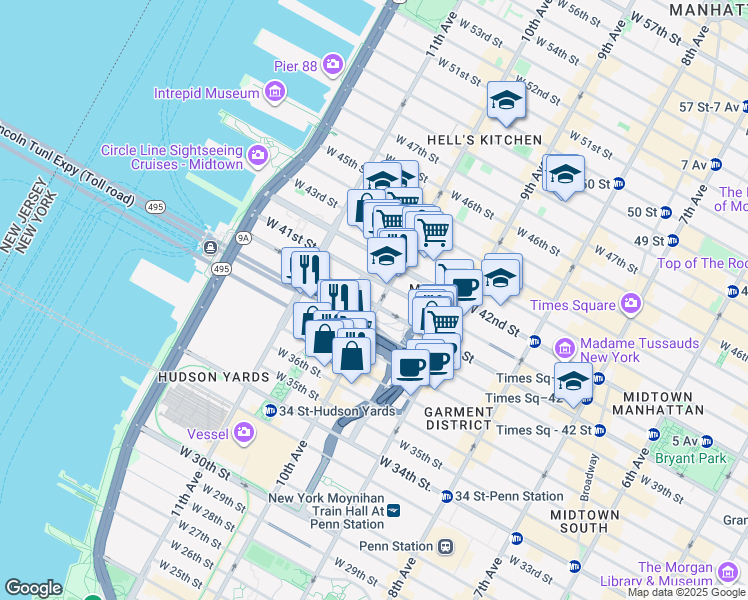 map of restaurants, bars, coffee shops, grocery stores, and more near 8087 PABT Ramp in New York