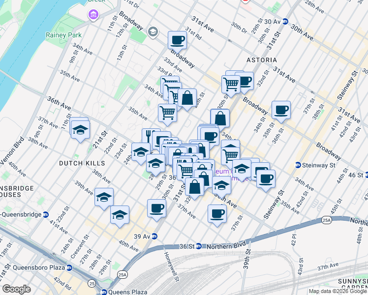 map of restaurants, bars, coffee shops, grocery stores, and more near 35-33 29th Street in Queens