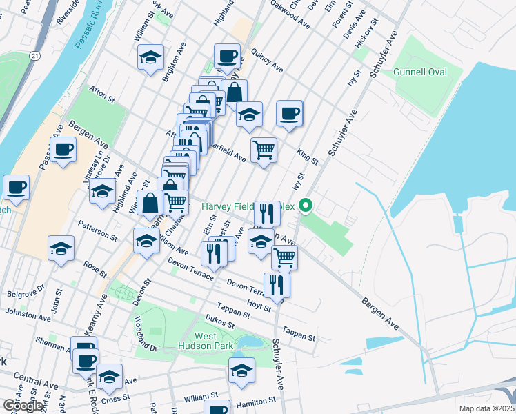map of restaurants, bars, coffee shops, grocery stores, and more near 264 Bergen Avenue in Kearny