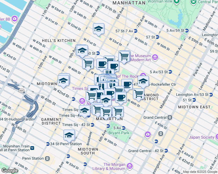 map of restaurants, bars, coffee shops, grocery stores, and more near 120 West 46th Street in New York