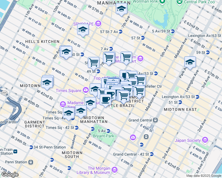 map of restaurants, bars, coffee shops, grocery stores, and more near 1211 6th Avenue in New York