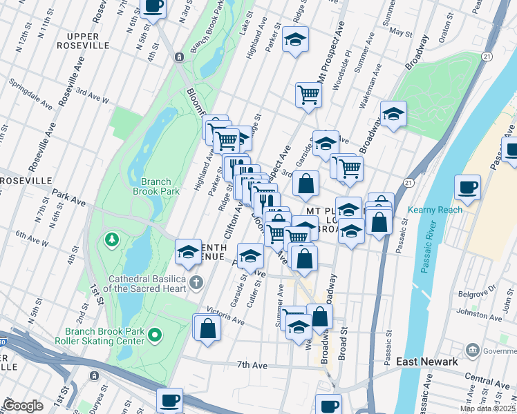 map of restaurants, bars, coffee shops, grocery stores, and more near 205 Mount Prospect Avenue in Newark