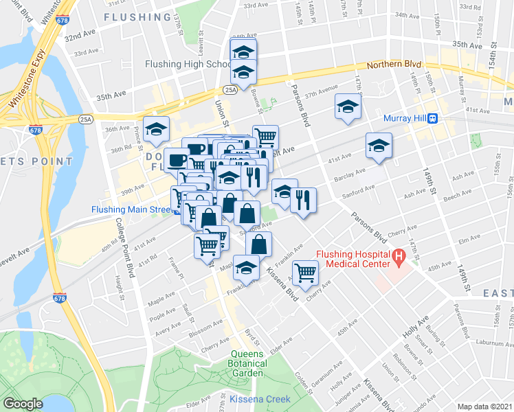 map of restaurants, bars, coffee shops, grocery stores, and more near in Queens