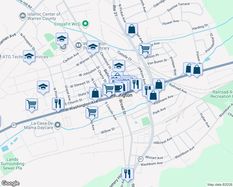 map of restaurants, bars, coffee shops, grocery stores, and more near 27 West Washington Avenue in Washington