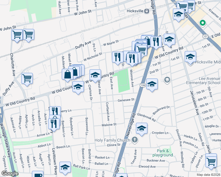 map of restaurants, bars, coffee shops, grocery stores, and more near 21 East Avenue in Hicksville