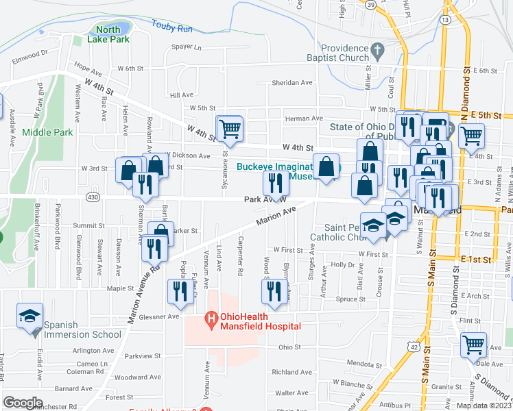 map of restaurants, bars, coffee shops, grocery stores, and more near 309 Park Avenue West in Mansfield