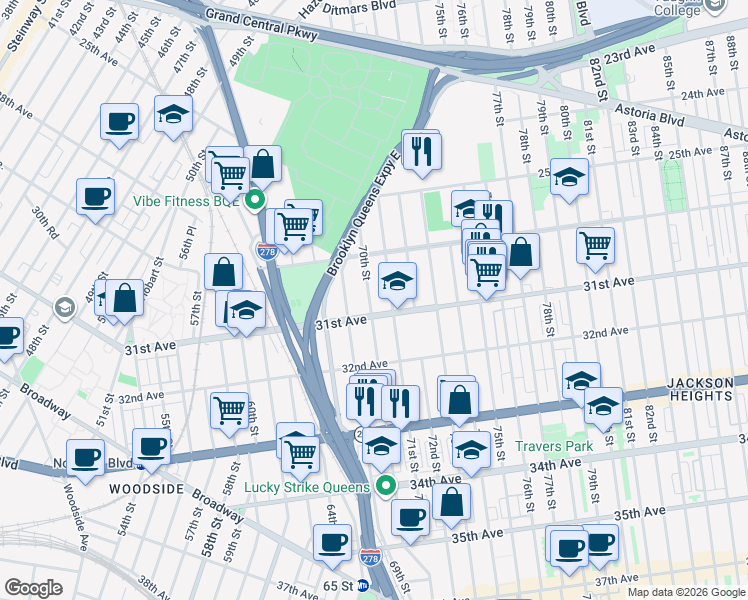 map of restaurants, bars, coffee shops, grocery stores, and more near 69-14 31st Avenue in Queens