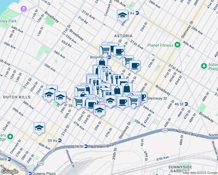 map of restaurants, bars, coffee shops, grocery stores, and more near 34-29 33rd Street in Queens
