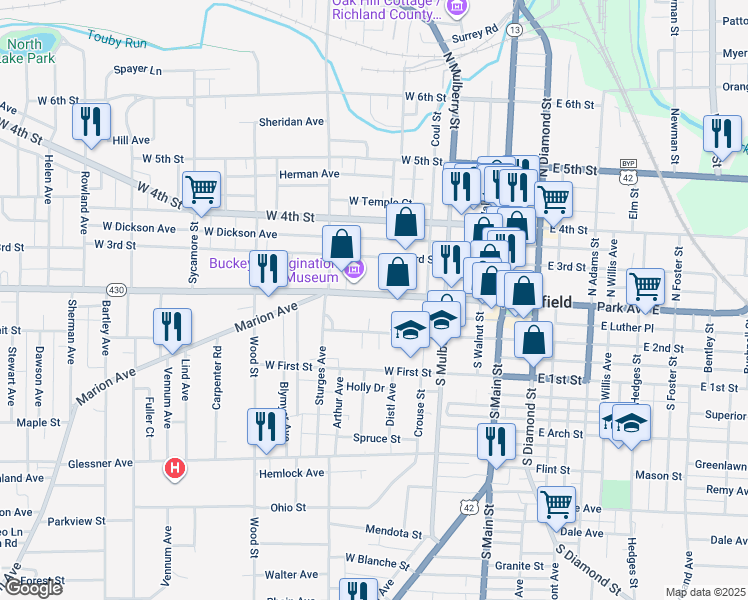 map of restaurants, bars, coffee shops, grocery stores, and more near 145 Park Avenue West in Mansfield