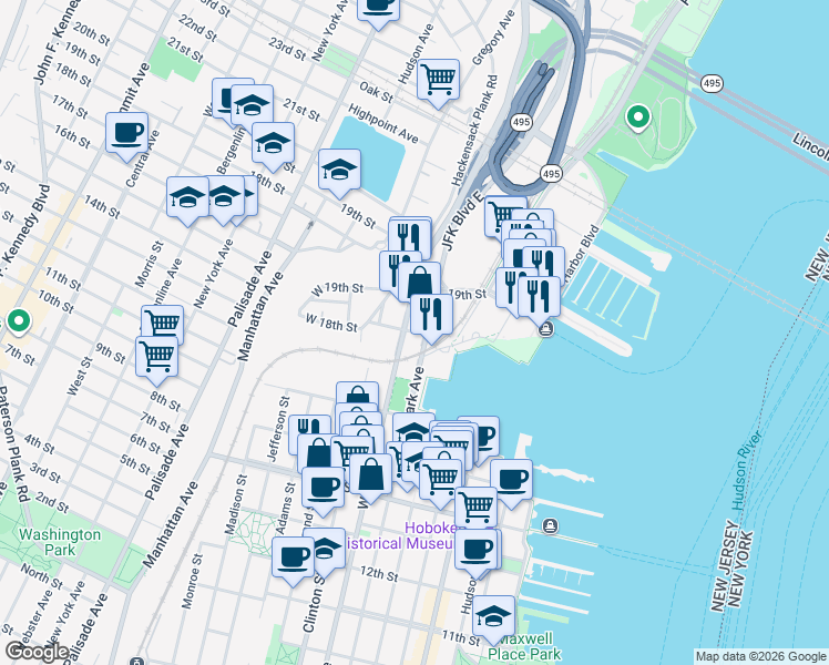 map of restaurants, bars, coffee shops, grocery stores, and more near 265 West 18th Street in Weehawken