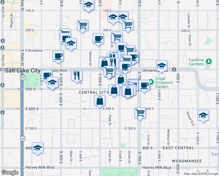 map of restaurants, bars, coffee shops, grocery stores, and more near 515 500 East in Salt Lake City
