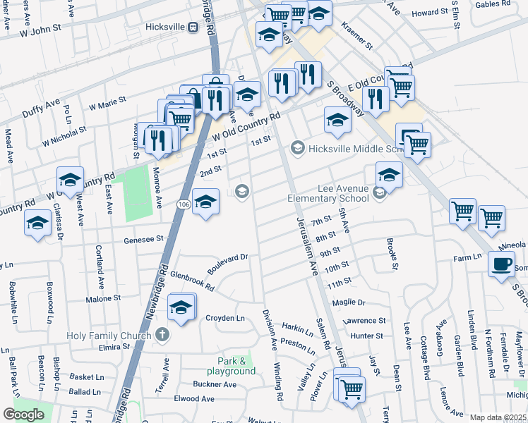 map of restaurants, bars, coffee shops, grocery stores, and more near in Hicksville
