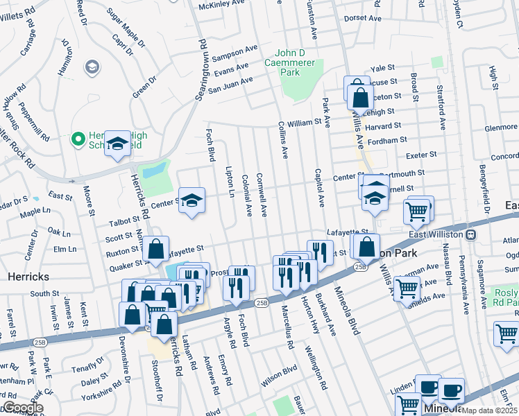 map of restaurants, bars, coffee shops, grocery stores, and more near 131 Colonial Avenue in Williston Park