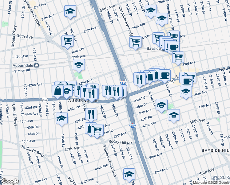 map of restaurants, bars, coffee shops, grocery stores, and more near 43-25 204th Street in Queens