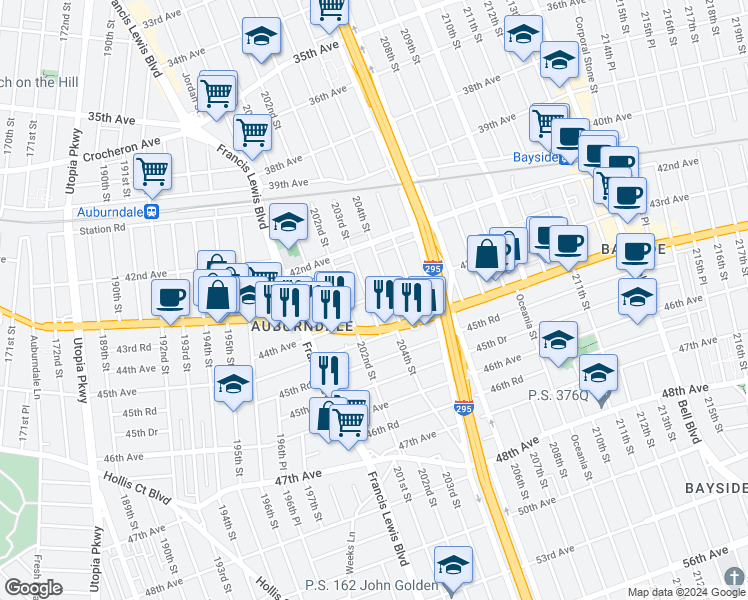 map of restaurants, bars, coffee shops, grocery stores, and more near in Queens