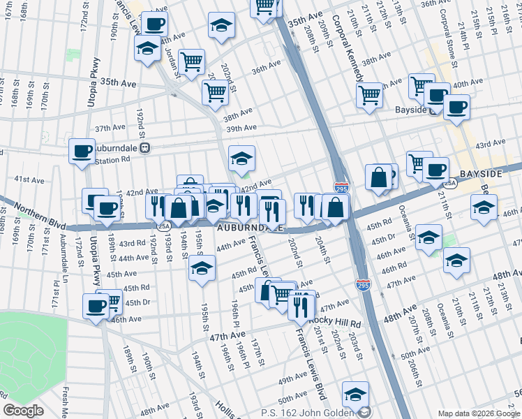 map of restaurants, bars, coffee shops, grocery stores, and more near 201-08 43rd Avenue in Queens