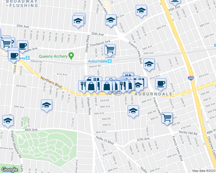 map of restaurants, bars, coffee shops, grocery stores, and more near 191-15 Northern Boulevard in Queens