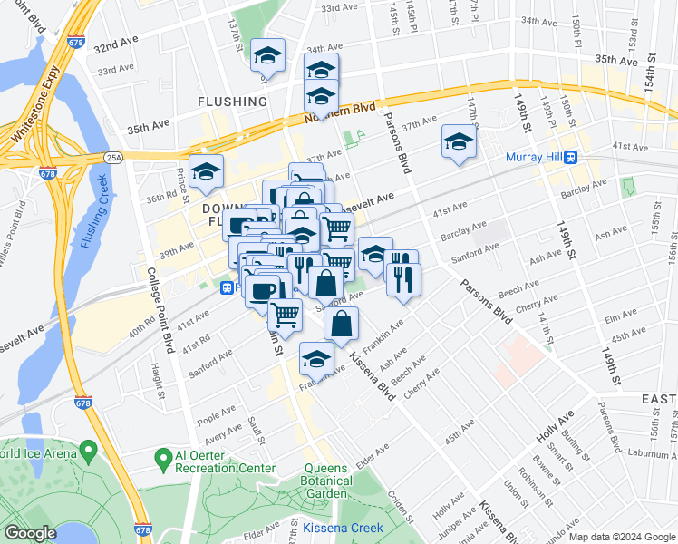 map of restaurants, bars, coffee shops, grocery stores, and more near in Queens