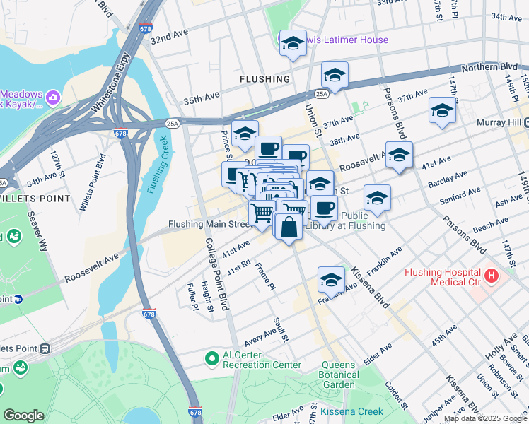 map of restaurants, bars, coffee shops, grocery stores, and more near 135-24 40th Road in Queens