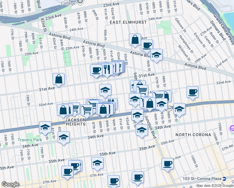 map of restaurants, bars, coffee shops, grocery stores, and more near 32-23 90th Street in Queens