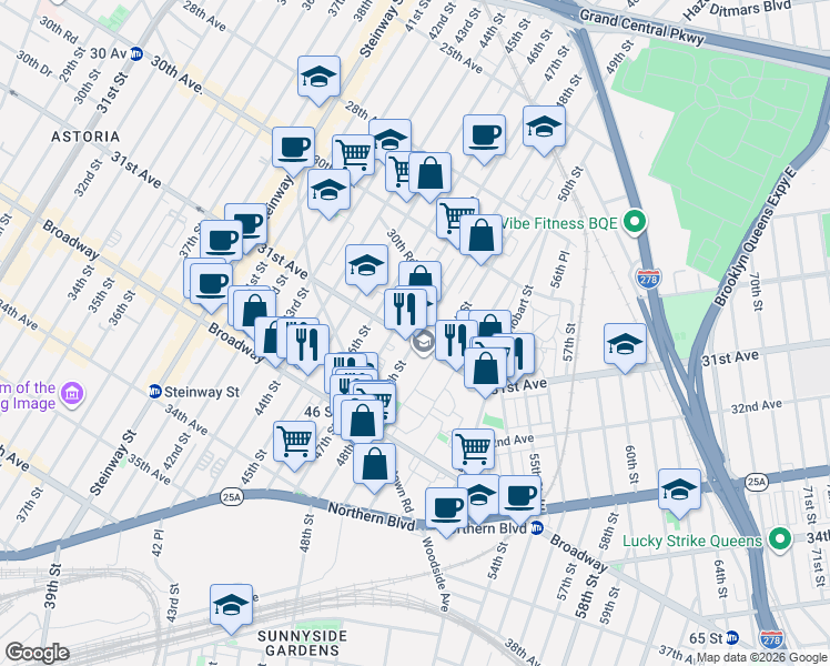 map of restaurants, bars, coffee shops, grocery stores, and more near 31-12 48th Street in Queens