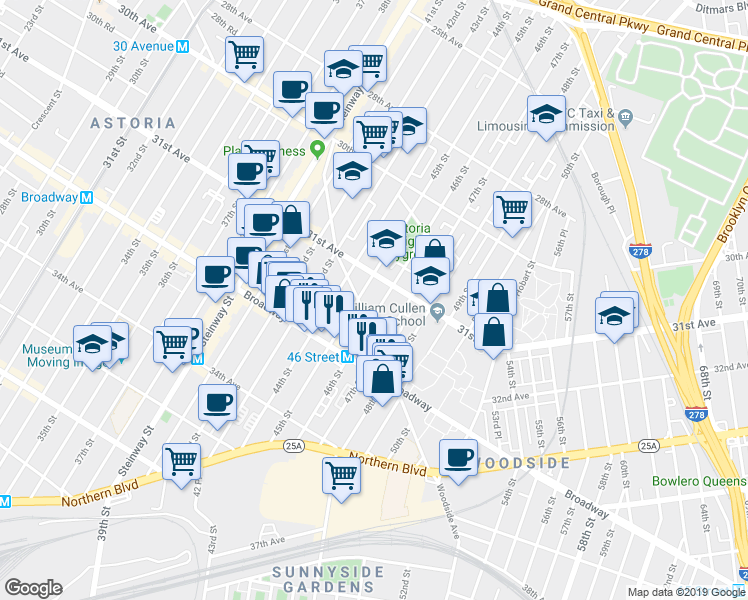 map of restaurants, bars, coffee shops, grocery stores, and more near 31-32 47th Street in Queens