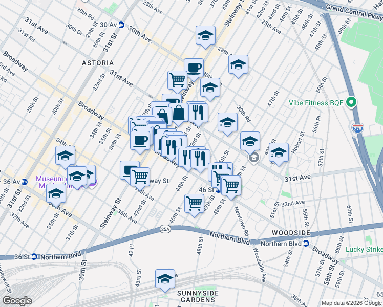 map of restaurants, bars, coffee shops, grocery stores, and more near in Queens