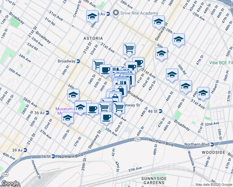 map of restaurants, bars, coffee shops, grocery stores, and more near 3818 Broadway in Queens