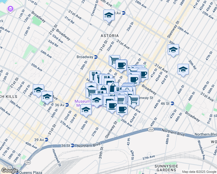 map of restaurants, bars, coffee shops, grocery stores, and more near 32-85 36th Street in Queens