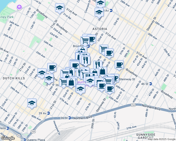 map of restaurants, bars, coffee shops, grocery stores, and more near 34-29 33rd Street in Queens