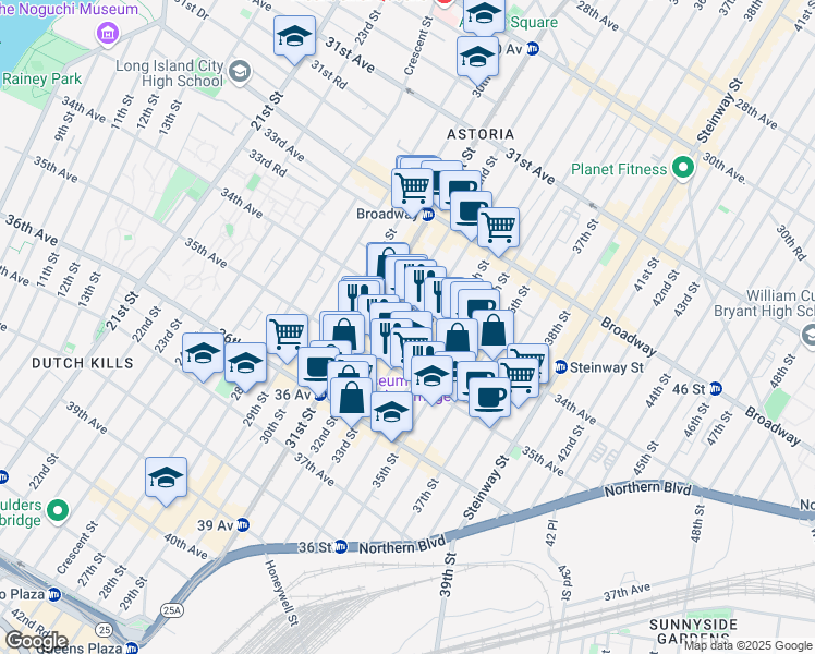 map of restaurants, bars, coffee shops, grocery stores, and more near 34-29 33rd Street in Queens