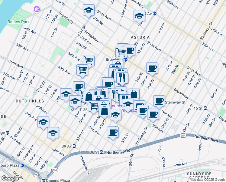 map of restaurants, bars, coffee shops, grocery stores, and more near 34-56 33rd Street in Queens