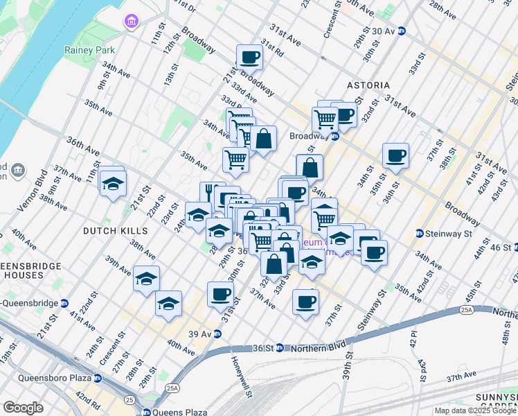 map of restaurants, bars, coffee shops, grocery stores, and more near 35-33 29th Street in Queens