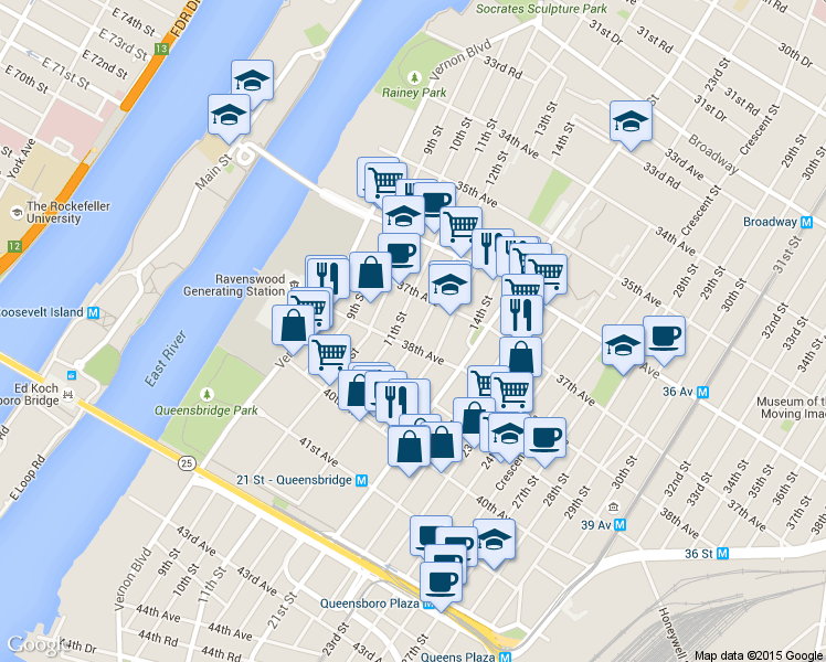 map of restaurants, bars, coffee shops, grocery stores, and more near 1130 38th Avenue in Queens