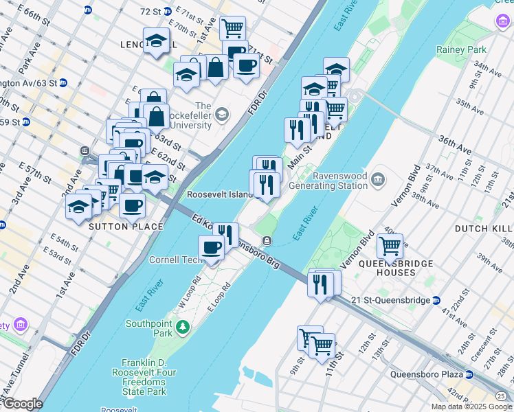 map of restaurants, bars, coffee shops, grocery stores, and more near 425 Main Street in New York