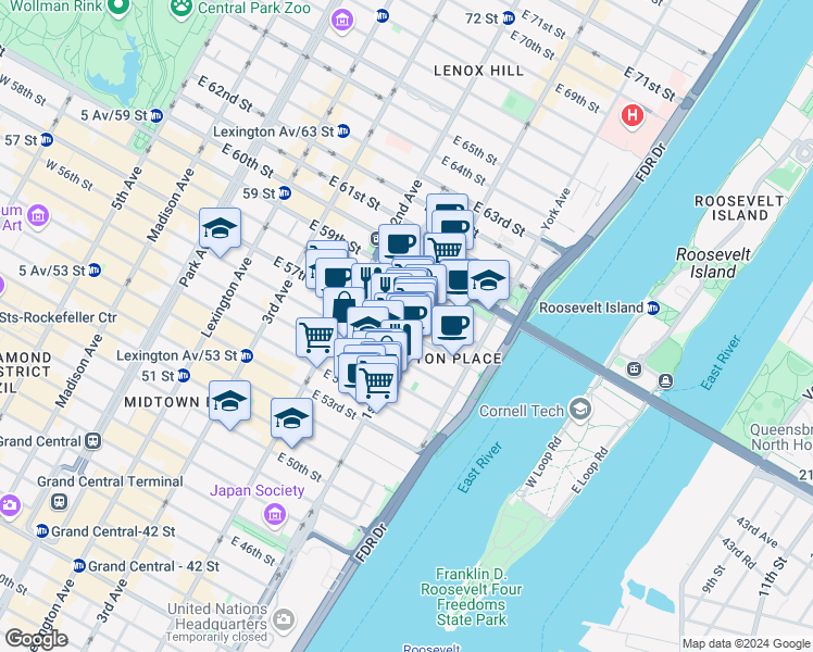 map of restaurants, bars, coffee shops, grocery stores, and more near in New York