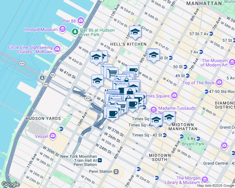 map of restaurants, bars, coffee shops, grocery stores, and more near in New York