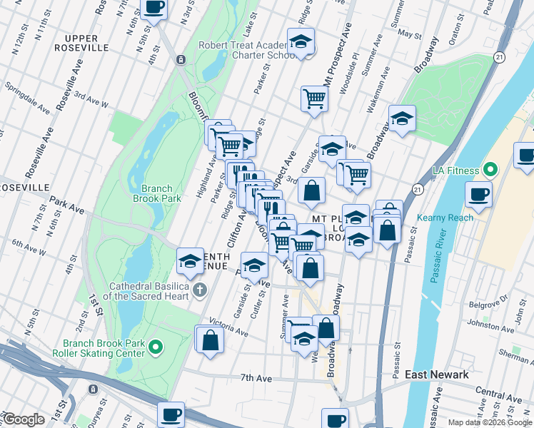 map of restaurants, bars, coffee shops, grocery stores, and more near 101 Mount Prospect Avenue in Newark