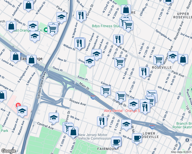 map of restaurants, bars, coffee shops, grocery stores, and more near 97 Eaton Place in East Orange